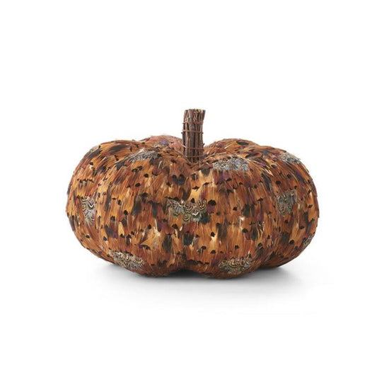 8 Inch Orange & Brown Feather Pumpkin w/Twig Stem
