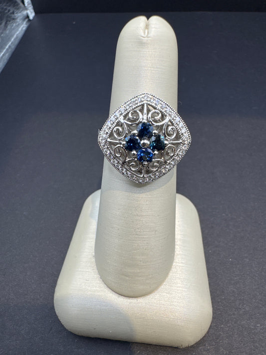 Round Sapphire & Diamond Ring in 14k White Gold | 0.77ct Sapphires & 0.50ct Diamonds