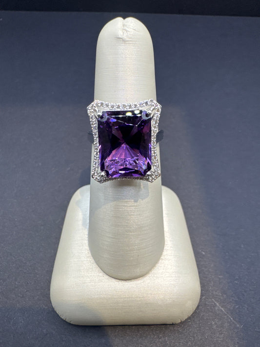 7.2 Carat Amethyst Ring with Diamond Halo in 14k White Gold | Bold Purple Statement Ring