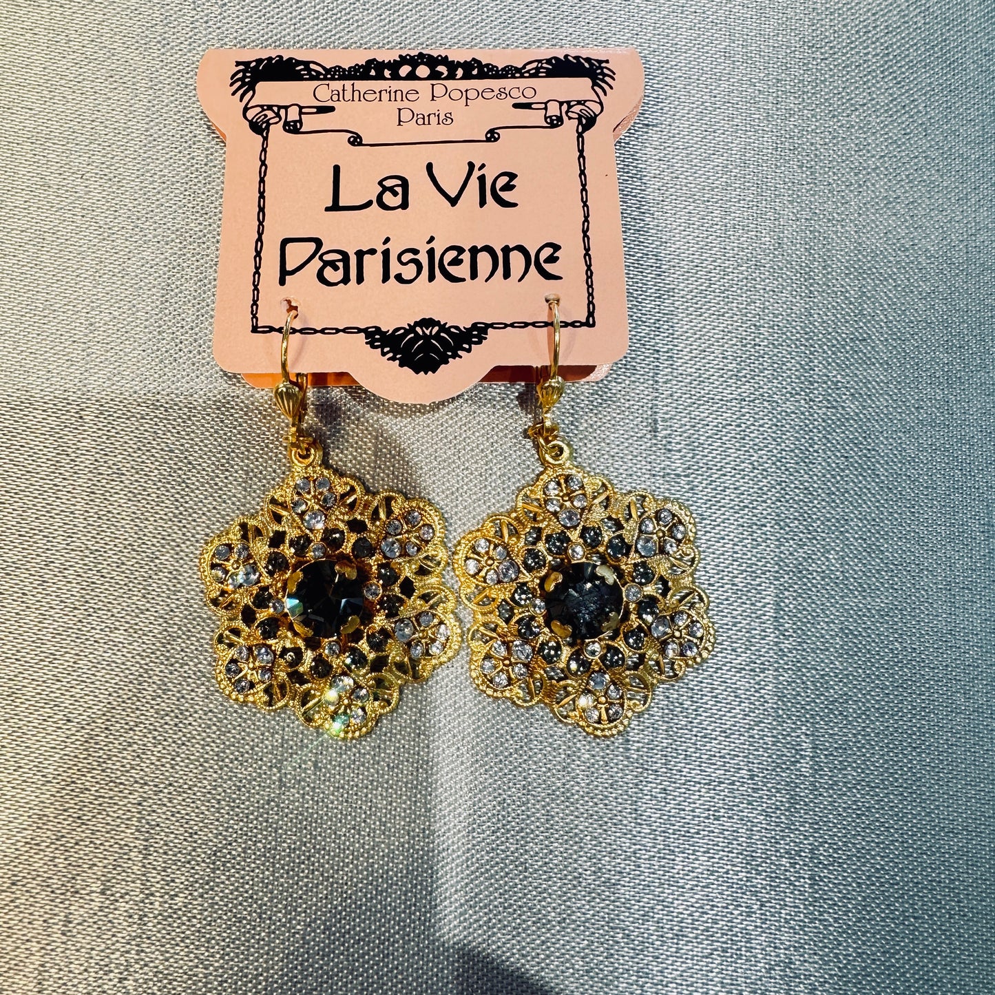 Vintage Gold Filigree Earrings, Black Diamond