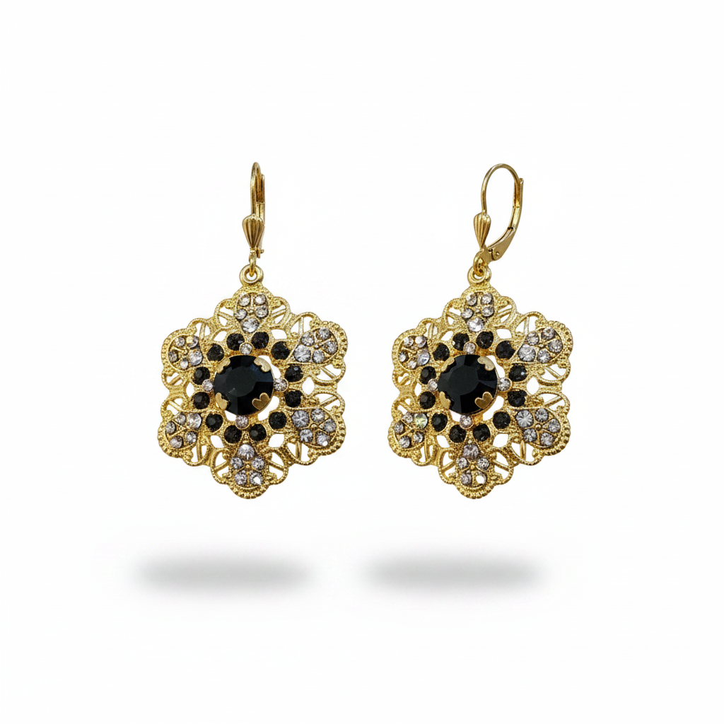 Vintage Gold Filigree Earrings, Black Diamond