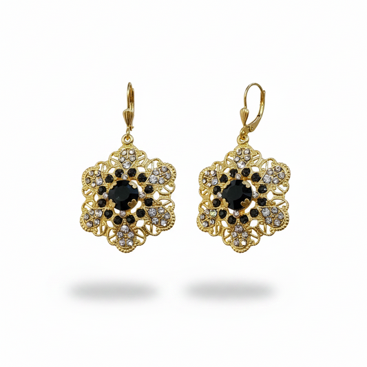 Vintage Gold Filigree Earrings, Black Diamond