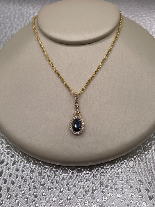 14k Yellow Gold Blue Sapphire and Diamond Pendant