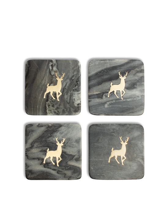 Deer Marble Coasters Black/Brass 4x4 Set of 4