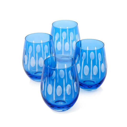 S/4 Sparkling Cut Blue Hand Engraved Stemless Wine Glasses