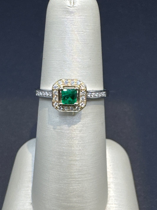 Princess Cut Emerald & Diamond Ring in Two-Tone 14k Gold