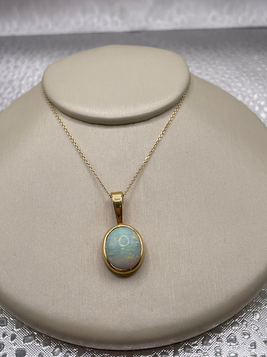 14k Yellow Gold and Oval Australian Opal Necklace