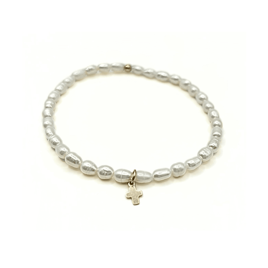 Rice Pearl Waterproof Bracelet with a Gold-Filled Luxe Cross