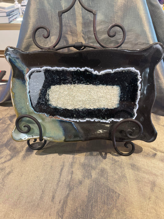 Dock 6  Black Pearl Tray with Wavy Edges 12" With Crackle Glass Center