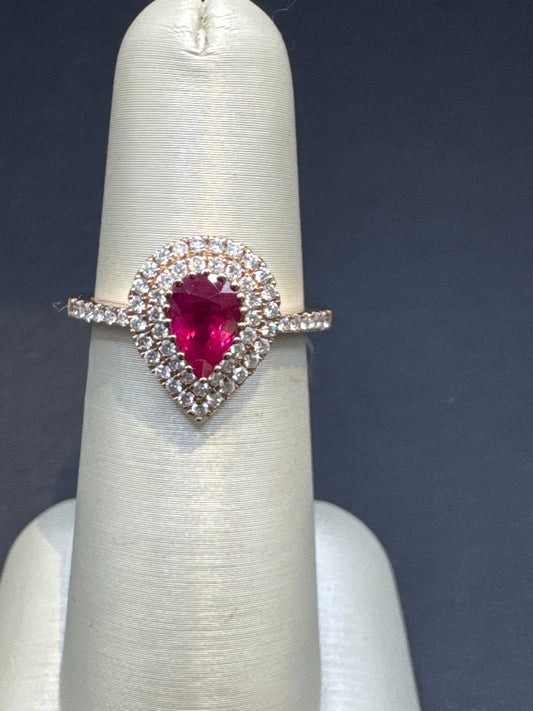 1.14 Carat Pear Ruby Ring with Double Diamond Halo in 14k Rose Gold