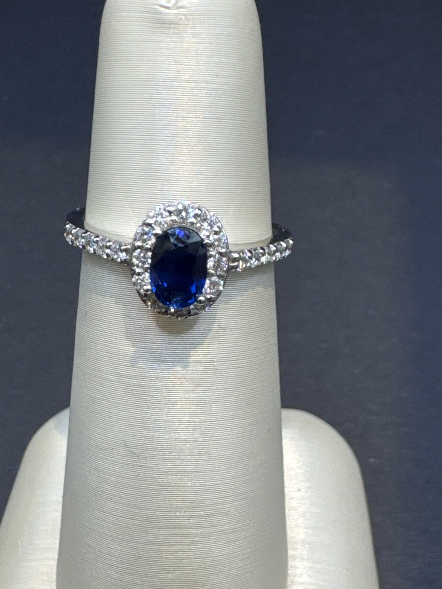 0.71 Carat Oval Sapphire Ring with Diamond Halo | 14k White Gold