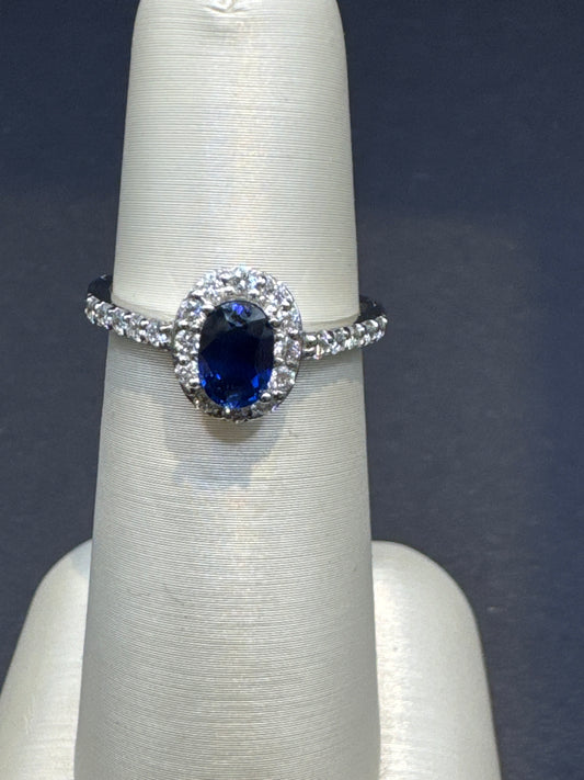 0.71 Carat Oval Sapphire Ring with Diamond Halo | 14k White Gold
