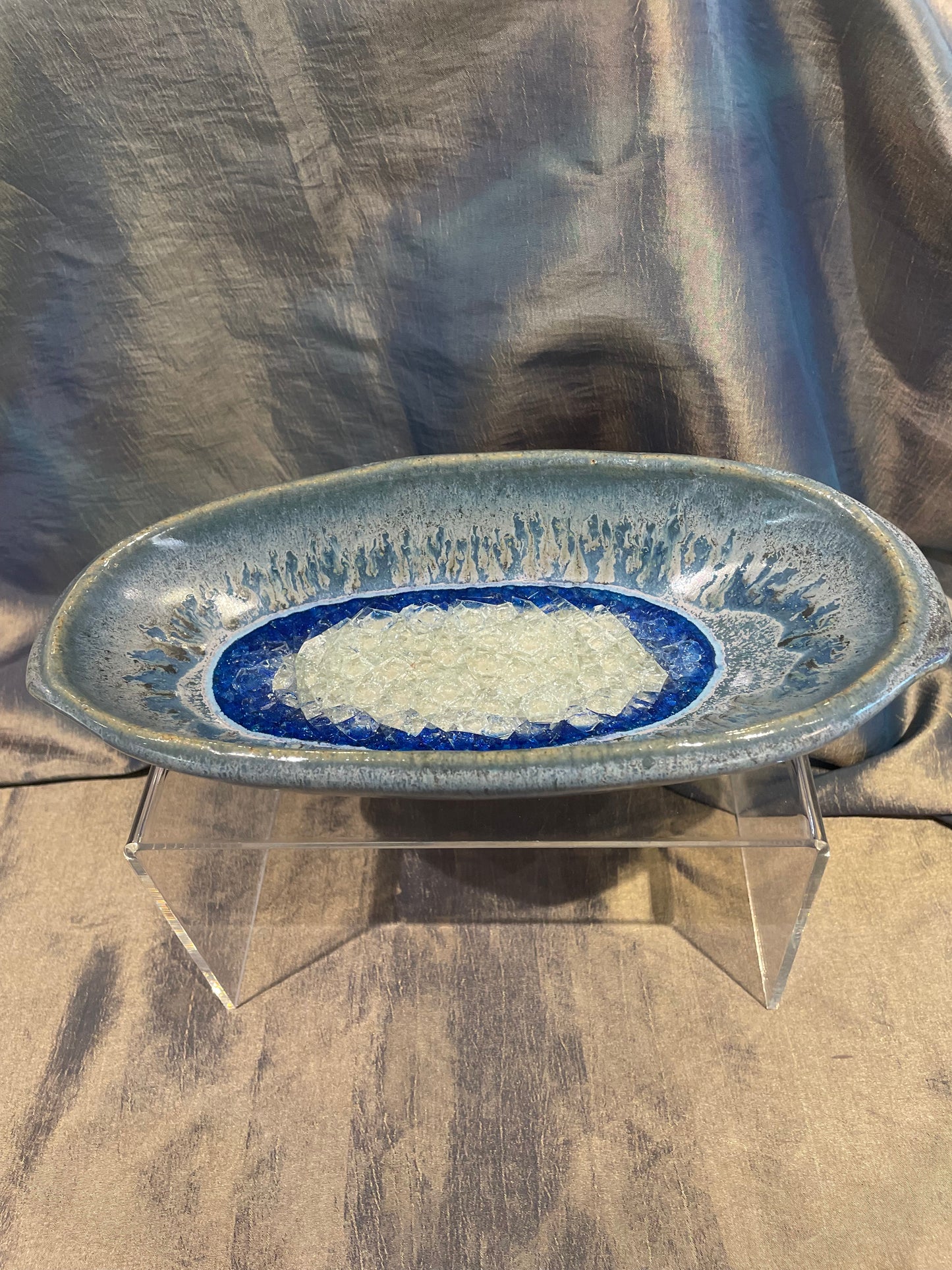 Dock 6 Pottery 10" Starry Night Oval Dish with Crackled Fused Glass