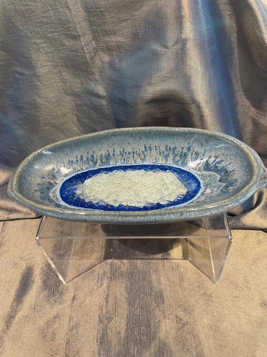 Dock 6 Pottery 10" Starry Night Oval Dish with Crackled Fused Glass