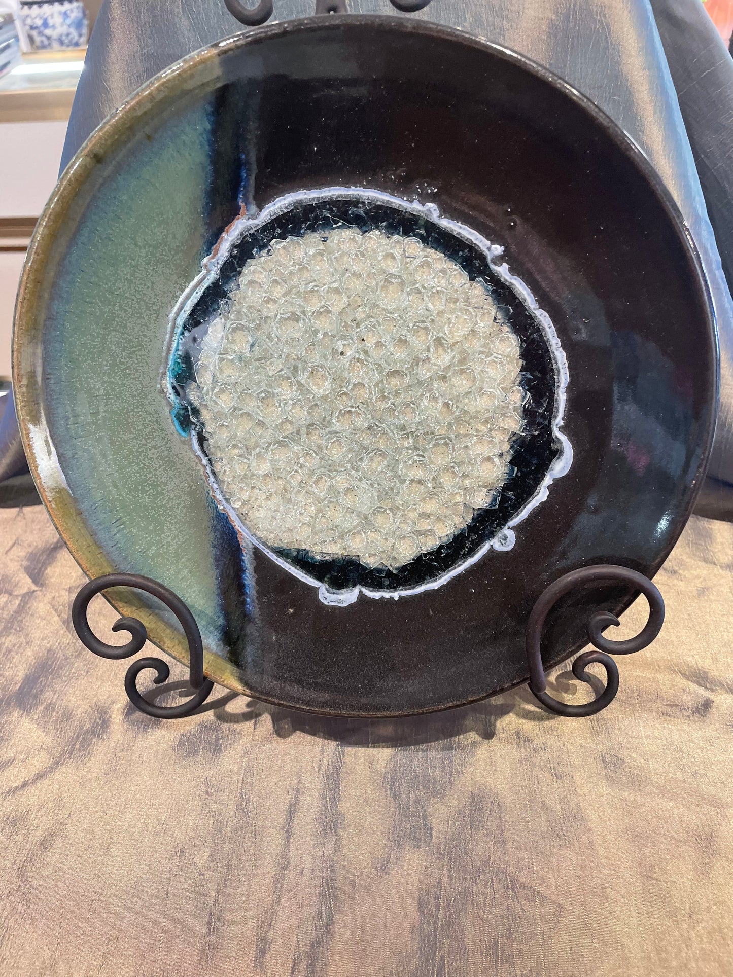 Dock 6 Black Pearl 3-Pinch Bowl with Crackle Fused Glass 9.5"