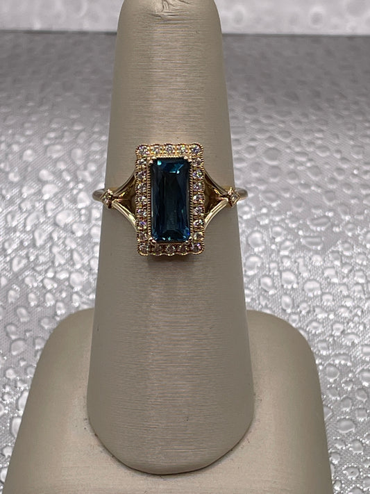 14k Yellow Gold London Blue Topaz and Diamond Ring