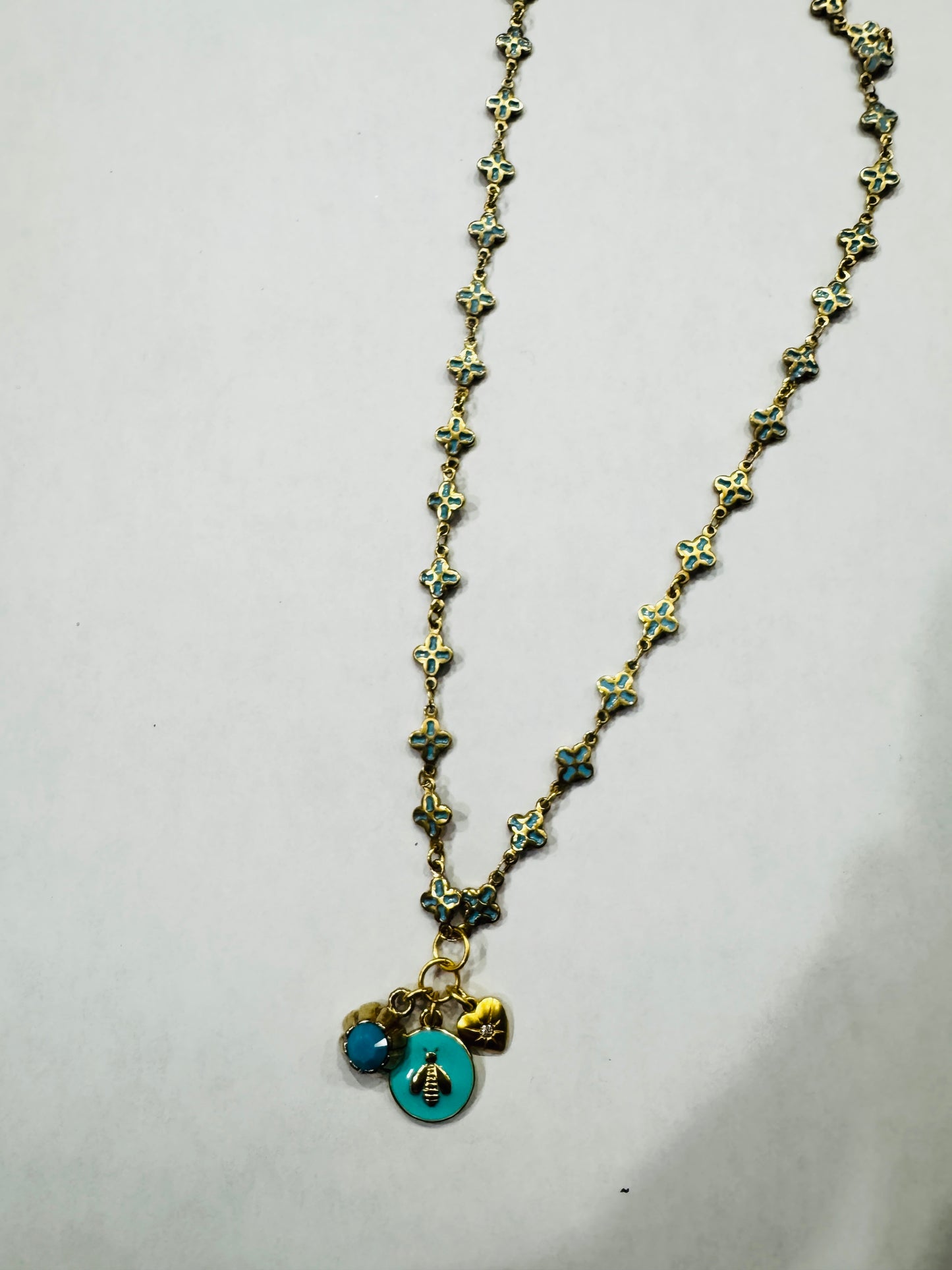 Vintage Enameled Turquoise Bee Necklace