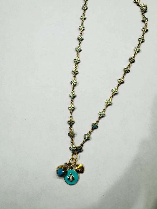 Vintage Enameled Turquoise Bee Necklace