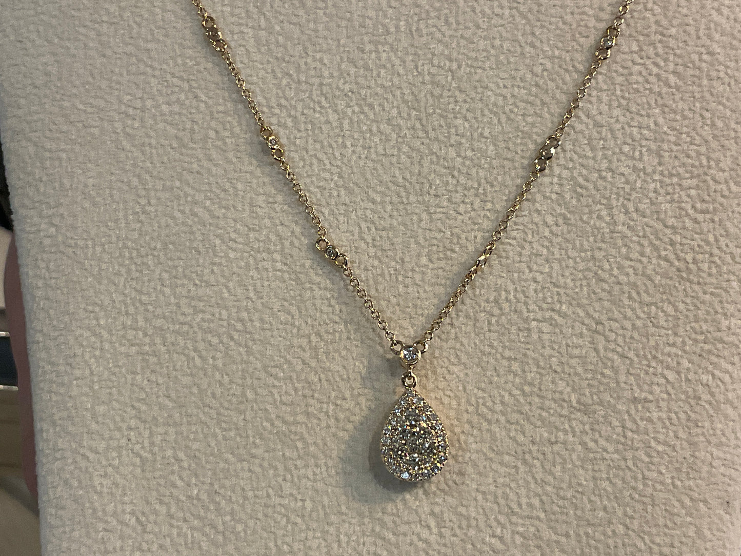 14KYellow Gold Pear Cluster Necklace with Diamond Station Accents