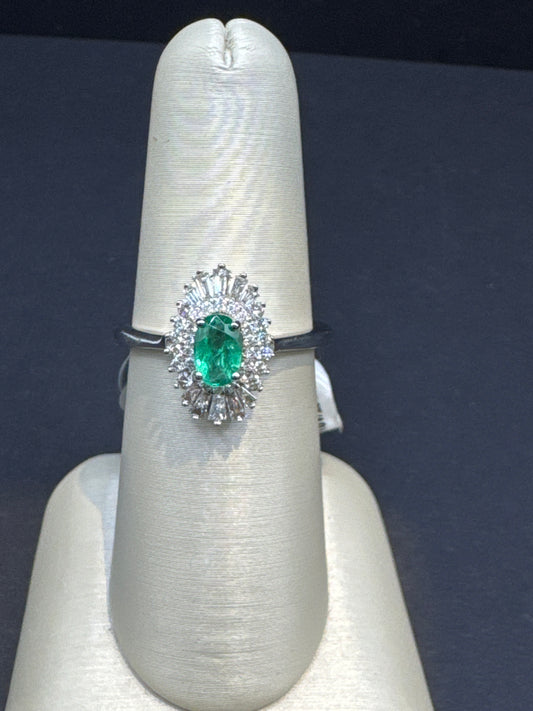 Oval Emerald Ring with Round & Baguette Diamonds in 14k White Gold