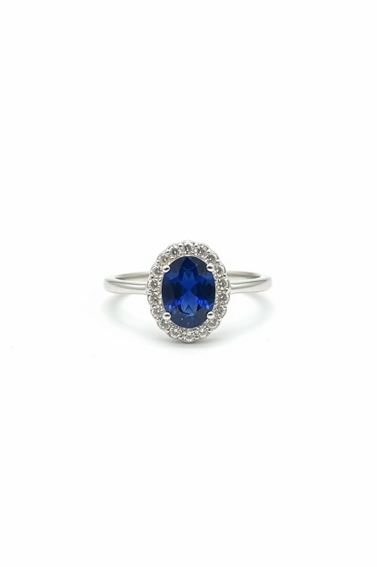 14K White Gold Sapphire with Diamond Halo