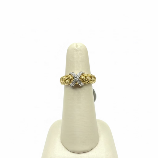 14K Gold Woven Band Ring with Criss-Cross Diamond Motif