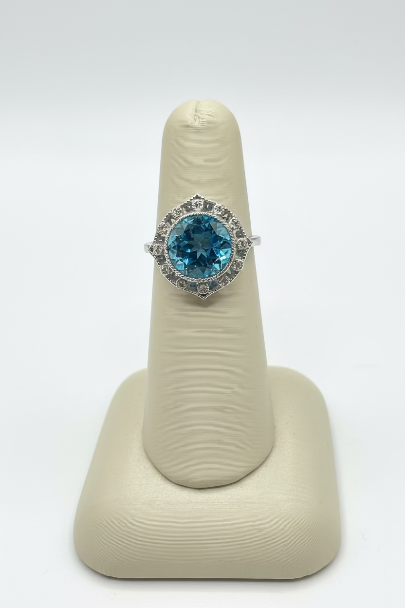 Swiss Blue Topaz Ring with Diamond Halo