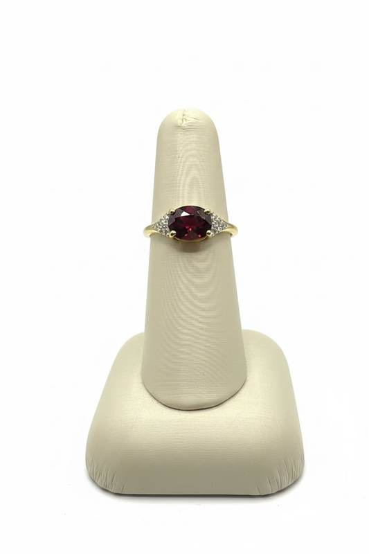 14K Gold Oval Checkerboard Cut Garnet Ring with Diamond Accents