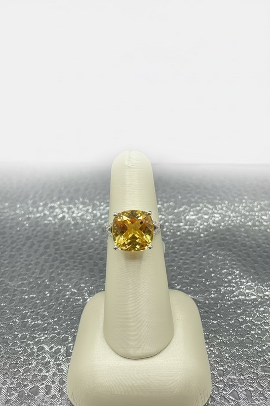 14K Gold Cushion Cut Citrine Ring with Checkerboard Facets & Diamond Accents