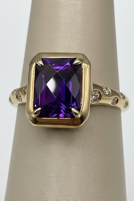 14K Yellow Gold Checkerboard Cut Amethyst Ring with Diamond Accents