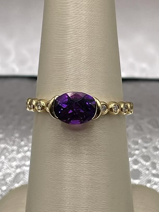 14K Yellow Gold Oval Amethyst Half Bezel Ring with Diamond Accents