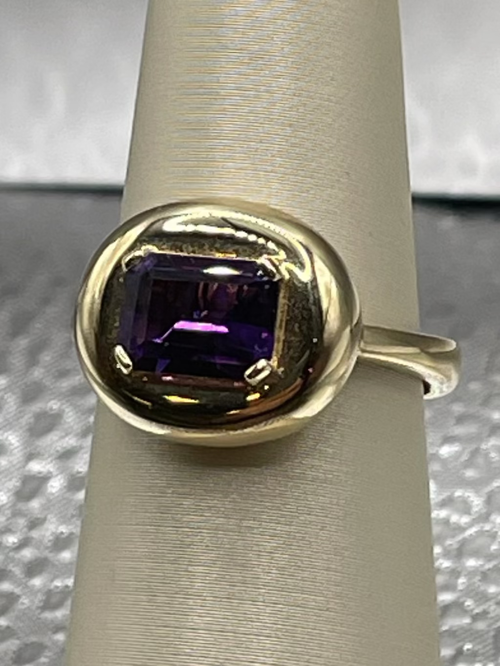 14K Yellow Gold Emerald Cut Amethyst Ring in Modern Bezel Setting