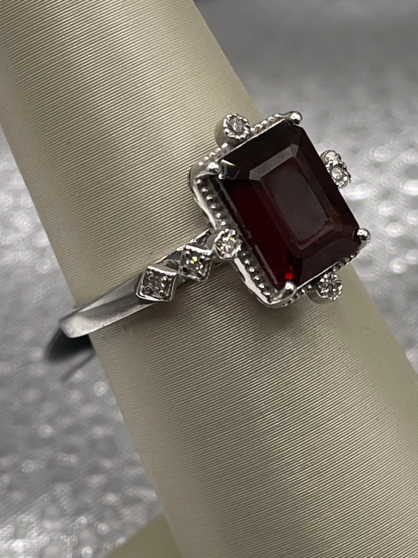14K White Gold Emerald Cut Garnet Ring with Diamond Accents — Antique-Inspired