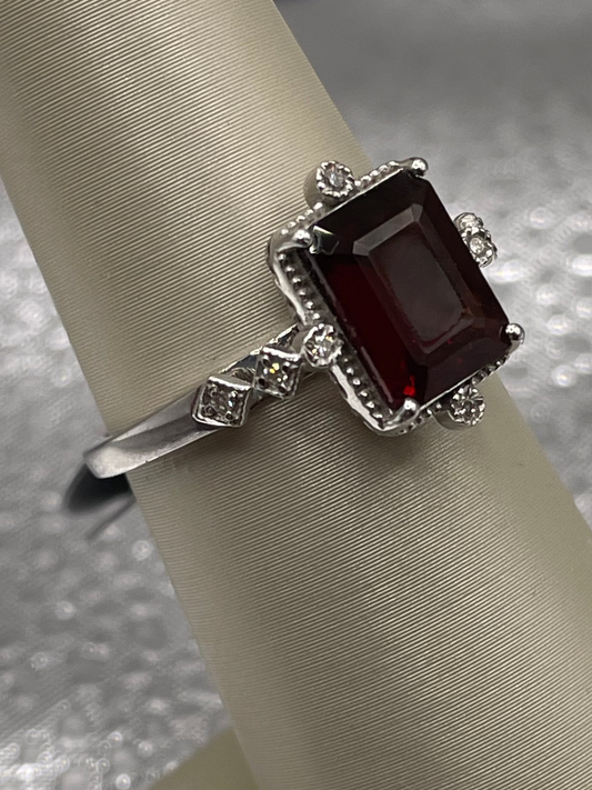 14K White Gold Emerald Cut Garnet Ring with Diamond Accents — Antique-Inspired