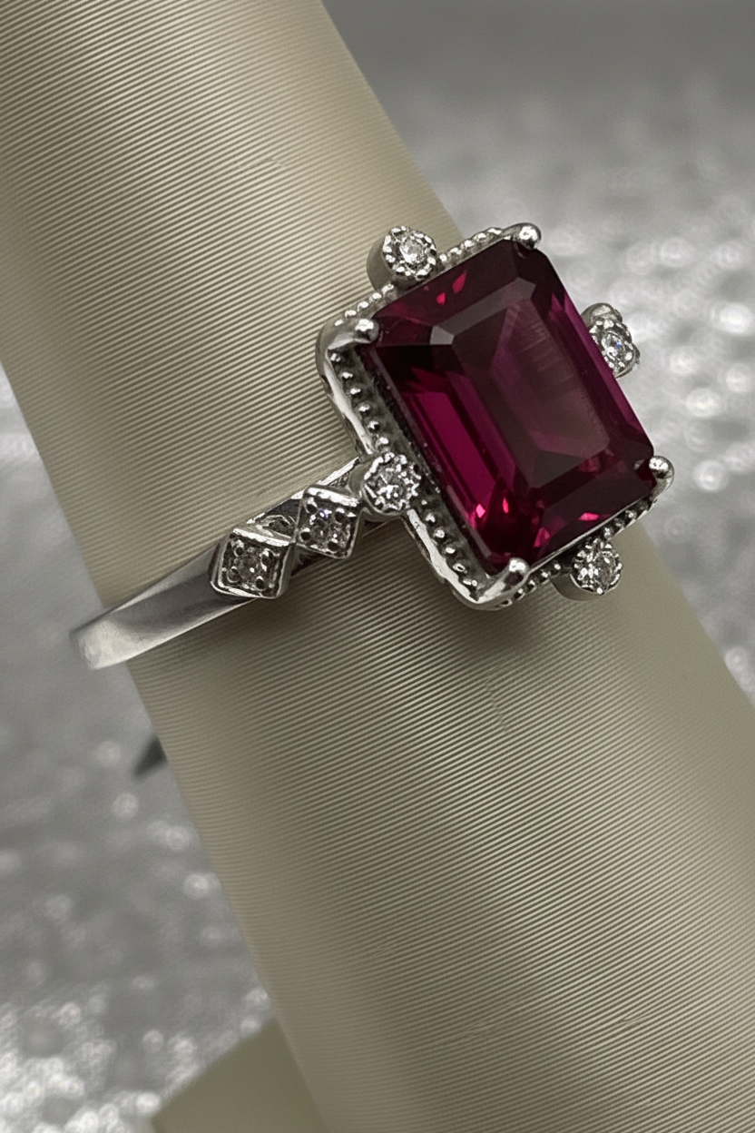 14K White Gold Emerald Cut Garnet Ring with Diamond Accents — Antique-Inspired