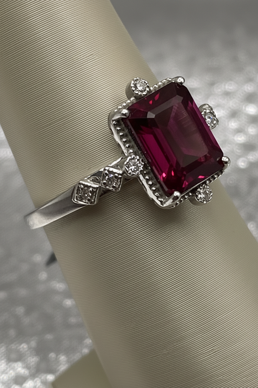 14K White Gold Emerald Cut Garnet Ring with Diamond Accents — Antique-Inspired