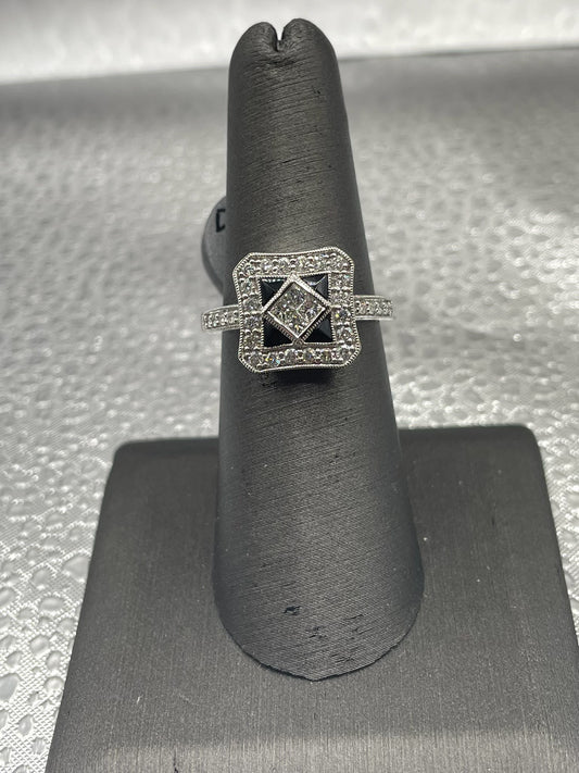 14K White Gold Art Deco Diamond and Onyx Ring