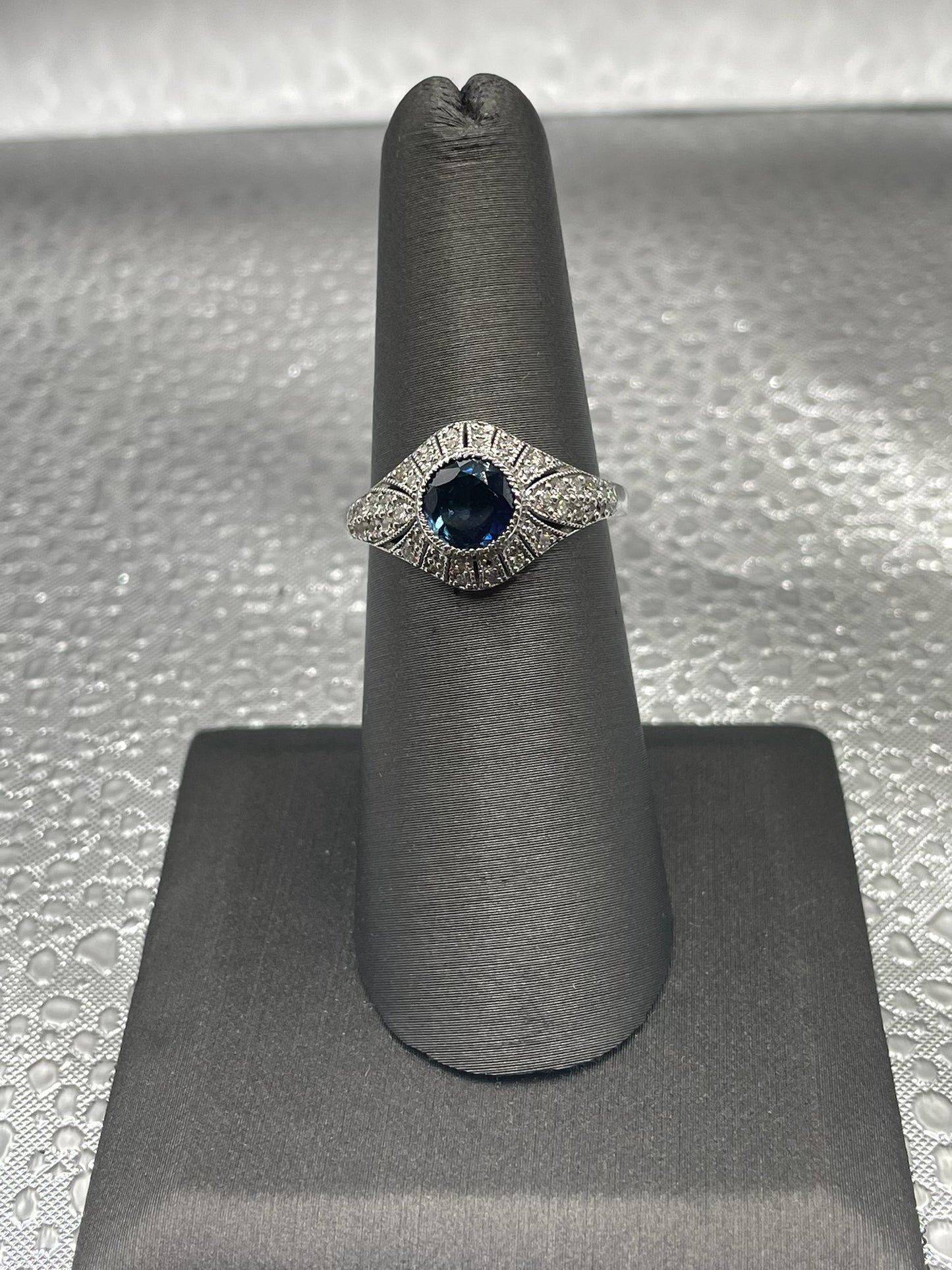 14K White Gold Art Deco Sapphire Ring with Diamond Accents