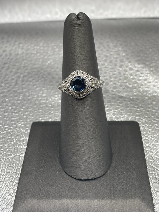 14K White Gold Art Deco Sapphire Ring with Diamond Accents