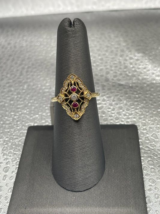 14K Yellow Gold Ruby & Diamond Filigree Ring