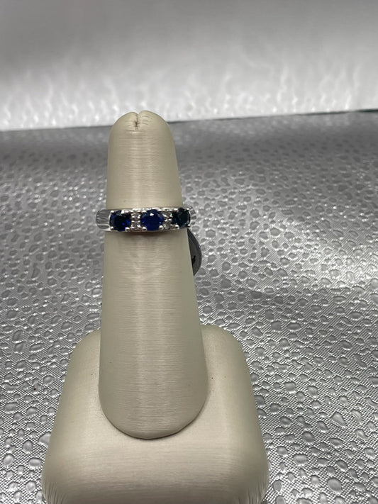 14K White Gold Three-Stone Sapphire & Diamond Band