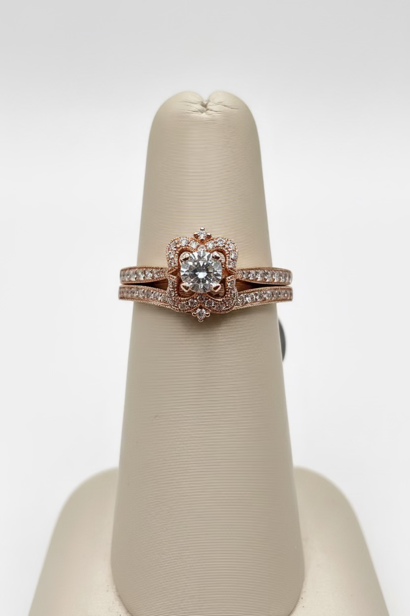 14K Rose Gold Natural Diamond Engagement Ring & Wedding Band Set
