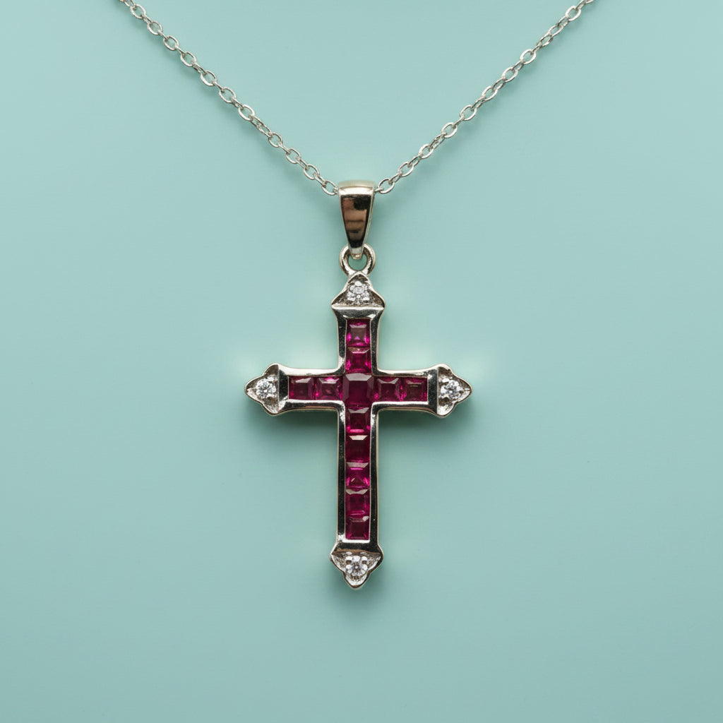 14K White Gold Ruby & Diamond Cross Pendant Necklace