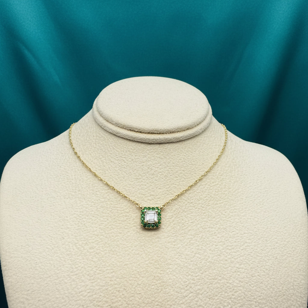 Yellow Gold Diamond & Emerald Halo Pendant Necklace