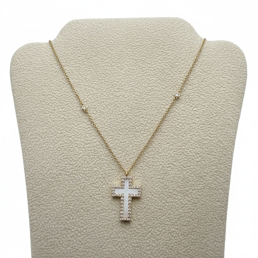 Yellow Gold Pavé Open Cross Pendant on Mother of Pearl Station Necklace