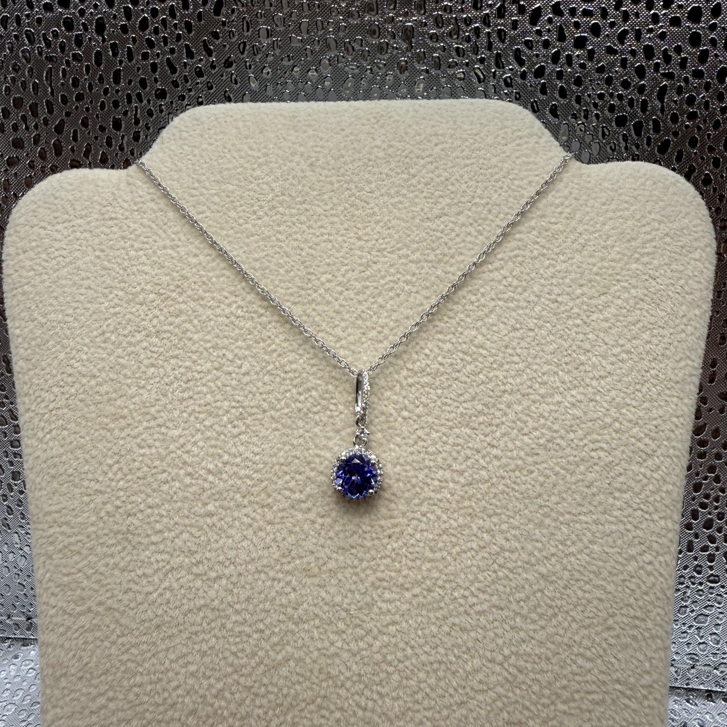 Silver-Toned Round Blue Stone Halo Pendant Necklace