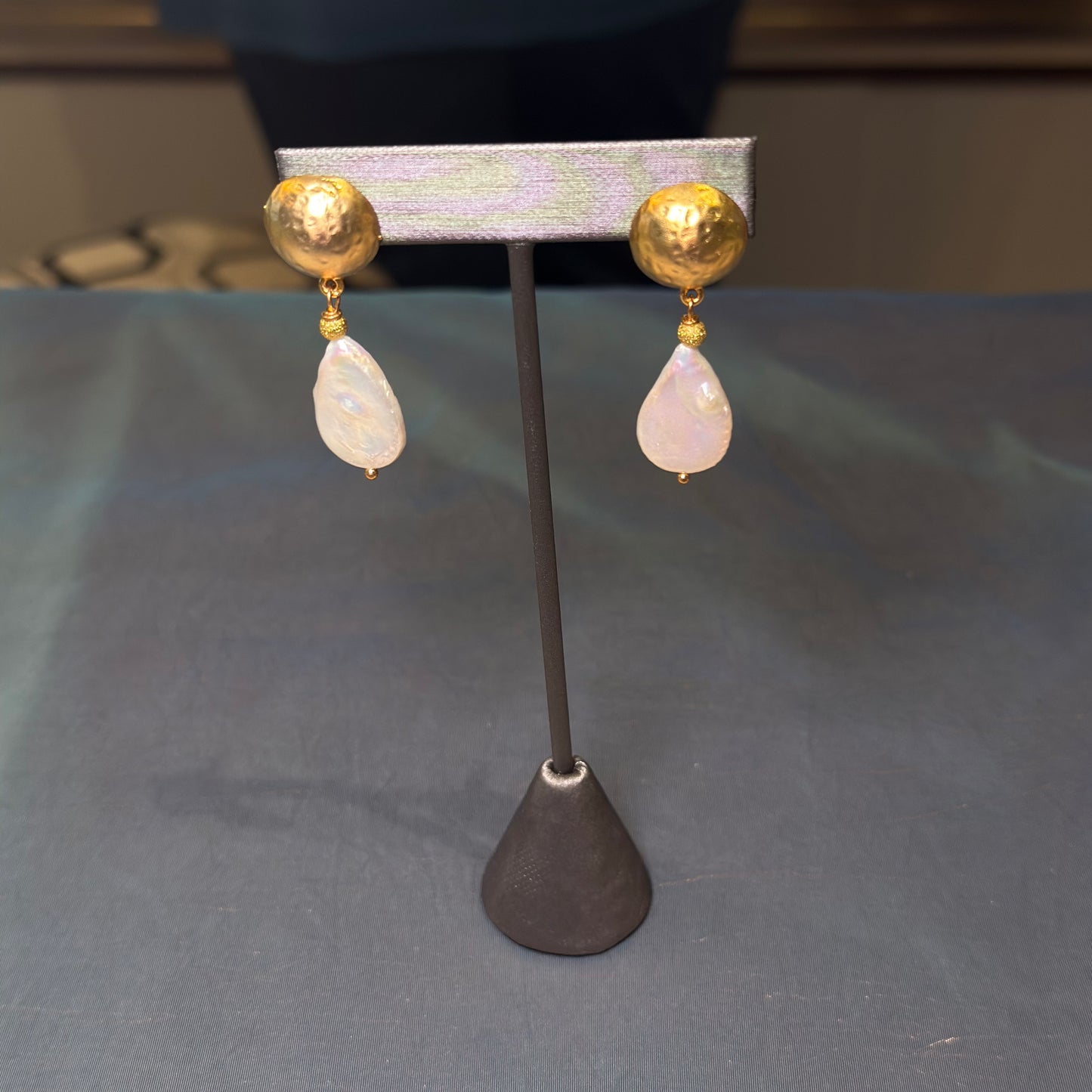 Gold Button & Pearl Drop Earrings
