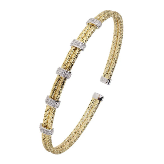 DOUBLE 2MM MESH CUFF WITH CZ Stations Bands, 18K YELLOW GOLD AND RHODIUM FINISH