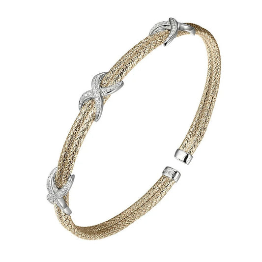 STERLING SILVER DOUBLE 2MM MESH CUFF WITH CZ, 2 TONE 18K YELLOW GOLD AND RHODIUM FINISH