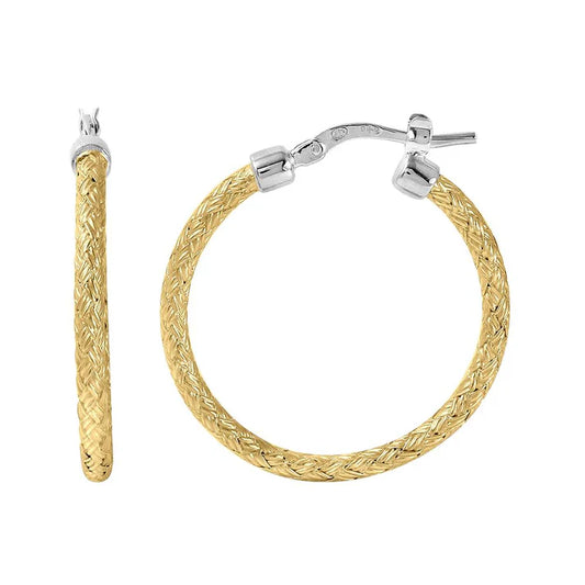 STERLING SILVER 2MM MESH EARRINGS, 25MM ROUND, 18K YELLOW GOLD AND RHODIUM FINISH